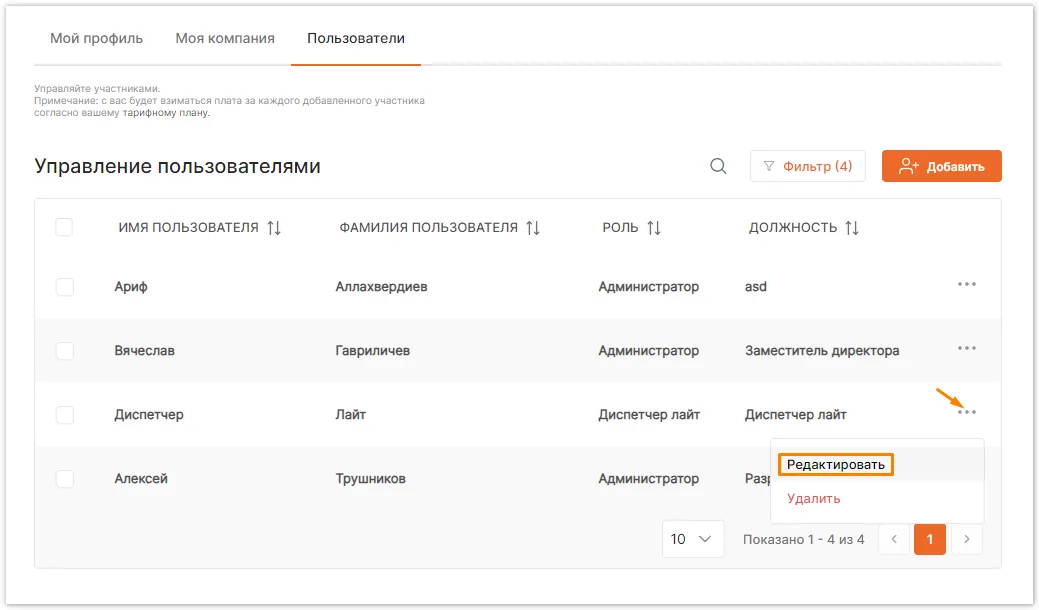 Меню действий в списке пользователей