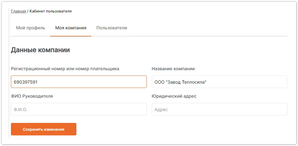 Заполненные данные компании